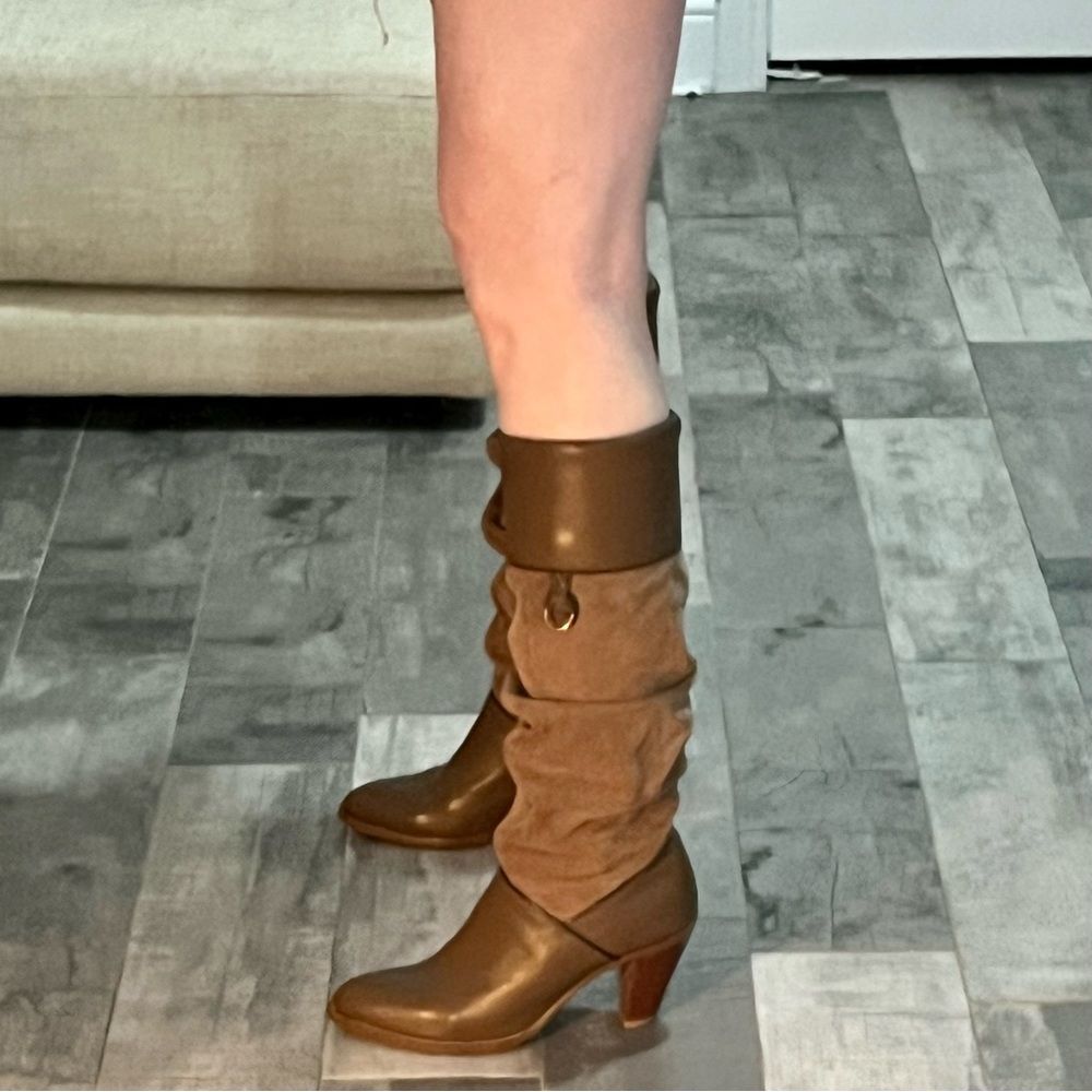 dingo Brown Two-Tone Slouchy Mid-Calf Heeled Boots